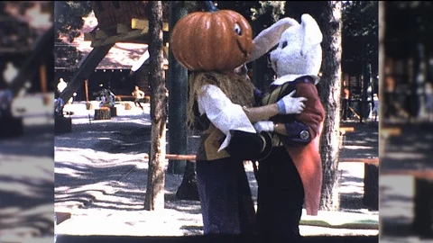 1960s Rabbit Pumpkin Head Hug and Kiss Romance Vintage Old Film Home Movie Stock Footage 97492106