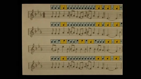 1960s: Sheet music. Musical notes on measures. Time value guide above notes on Stock Footage 174735997