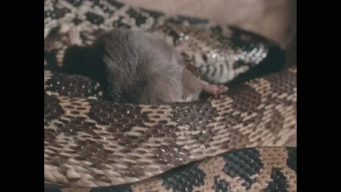 1960s: Snake strangles mouse, flicks tongue. Stock Footage 188533670