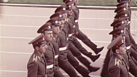 1960s Soviet Solders March May Day USSR Vintage Old Film Propaganda Movie Stock Footage