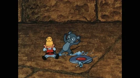 1960s: Spider. Mouse helps Tom Thumb remove thimble from his head. Witch looks Stock Footage 170835494