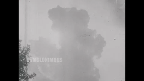 1960s: Storm clouds.  Label reads "CUMULONIMBUS."  Rainy city street.  Caption Stock Footage 255218900