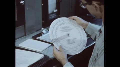 1960s: Technician making calculations with a circular slide rule. Stock Footage 247618552