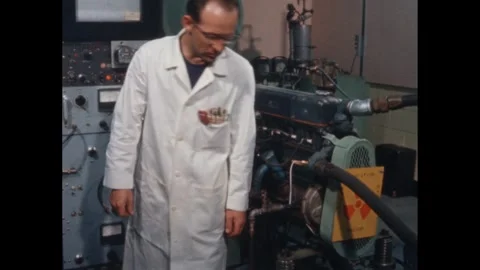 1960s: Technician preparing an engine for testing. Video stock 260128262