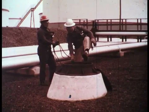 1960s- Technicians work together at a crude oil industrial plant as a safety Stock Footage 79455368
