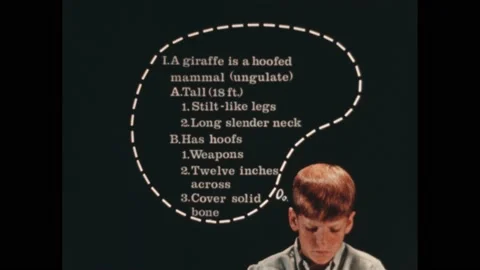 1960s: thoughts about giraffes. Thought bubble above boy’s head. Boy reads book Stock Footage 192253733