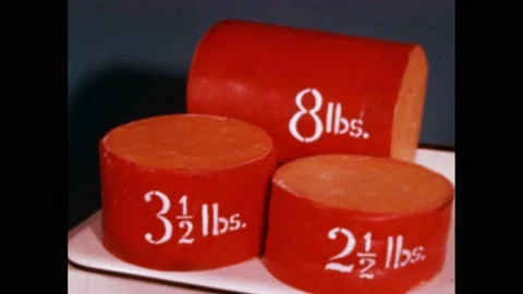 1960s: Three, red, cylinder objects, each labeled with a different weight. Three Stock Footage 169592400