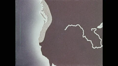 1960s: Trees.  Labels appear on animated map.  European settlers trade with Stock Footage 156340680
