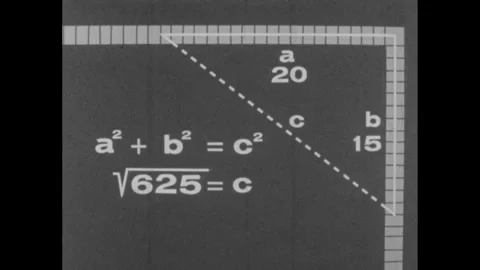 1960s: Triangle illustrating Pythagorean theorem. Person leans ladder against Stock Footage 256832028