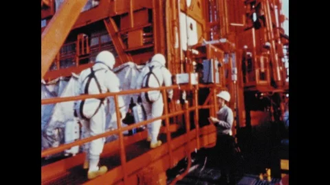 1960s: Two astronauts are accompanied by several man across platform to elevator Stock Footage 101665300