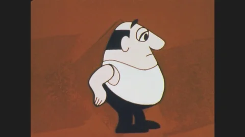 1960s: UNITED STATES: cartoon of fat man in vest. Man takes medicine. Man puts Stock Footage