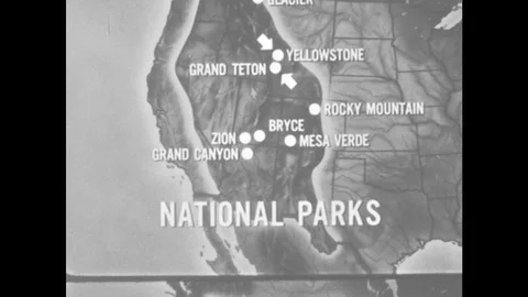 1960s: UNITED STATES: illustrated map of National Park and landmarks. Zion Stock Footage
