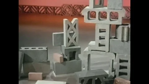 1961 - A presenter talks about ornamental concrete blocks on a stage with a set. Stock Footage 82803268