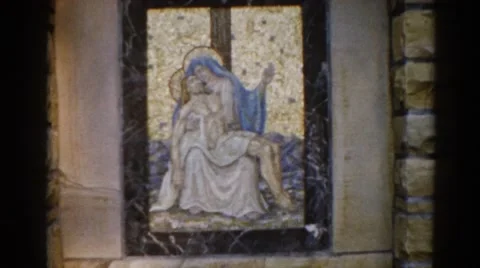 1962: still shot window painting of jesus CHICAGOLAND AREA Stock Footage