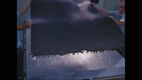 1963 - NASA technicians lift an expanded honeycomb panel from an expansion Stock Footage 232846550