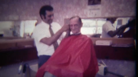 1963: Old Man Getting Trim Haircut in Barber Shop Chair, Des Moines, Iowa Stock Footage 58685486