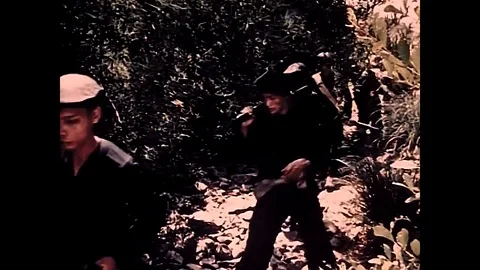 1963 – vietnam war – viet cong soldiers walking along path in jungle Stock Footage