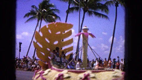 1965: EASTER MOLOKAI WHALES BEACH PARADE ALOHA TOWER. Unique Floral Float Riding Stock-Footage 120819852