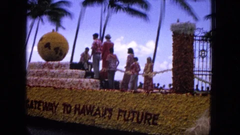 1965: EASTER MOLOKAI WHALES BEACH PARADE ALOHA TOWER. People Riding On A Floral Stock-Footage 120819882