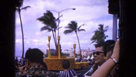 1965: EASTER PARADE ON MOLOKAI BEACH WITH FLORAL FLOAT AND PALM TREES Stock Footage 120819915
