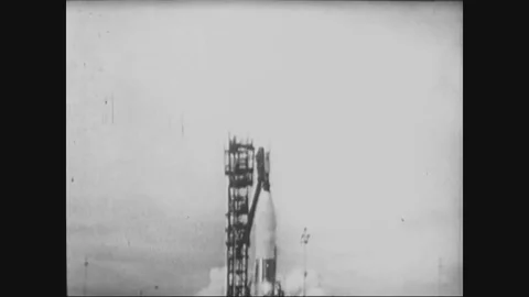 1965 - John Fitch explains the process of the Atlas Agena Rocket launching the Stock Footage 82530542