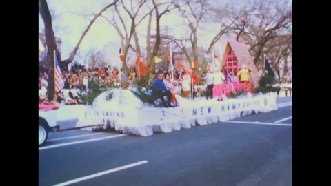 1965 - Marching bands and parade floats pass by in LBJs inauguration ceremony Video stock 143840872