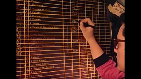 1965 - A US Navy sailor puts down information on a plot board, while working in Vídeos de archivo 104137266