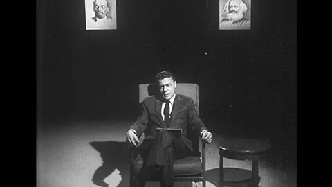 1966 - TV program host speaks to the camera Video stock 235356916
