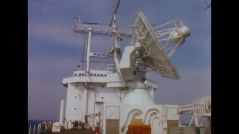 1966 - Views of large radar antennas mounted on the deck of the USNS Vanguard, Stock Footage 205601439