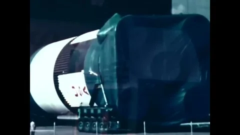 1967 - An Apollo Saturn V spacecraft booster stage is driven down a heavy-duty Vídeos de archivo 82803423