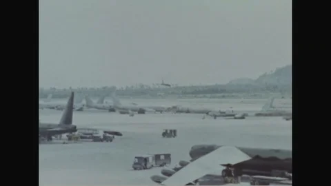 1967 - A USAF B-52 lands at U-Tapao Air Base in Thailand, and the crew is seen Stock Footage 126072748