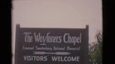 1968: video filming the wayfarers chapel sign and a scenic mountain view Stock Footage
