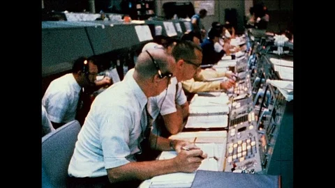 1969 NASA APOLLO 11: Mission Controll Center team Stock Footage