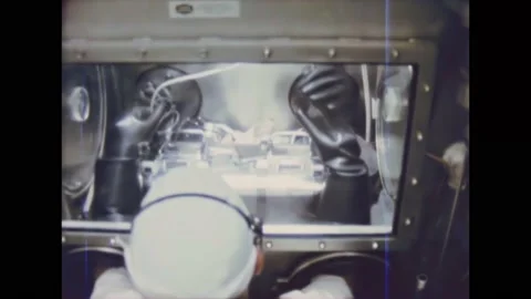 1969 - NASA scientists use tubes to handle a sample case in a vacuum chamber and Video stock 234501237