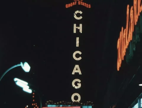 1970 Chicago Loop Night: Neon Advertising Signs Downtown District Stock Footage 296605287