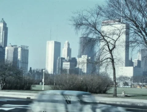 1970 Chicago Skyline: E Monroe St Traffic and Prudential Building – 2K Stock Footage 300705809