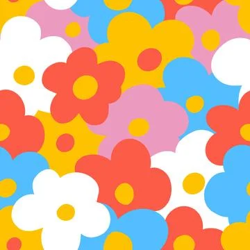 1970 Daisy Naive groovy seamless pattern. Fun colorful Doodle Bright background Stock Illustration
