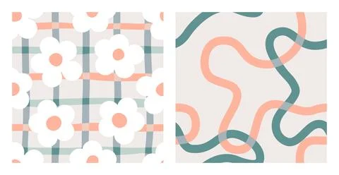 1970 Daisy seamless pattern pack with trippy grid and squiggle. Stock Illustration