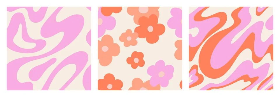 1970 Daisy seamless pattern pack with Naive groovy wave and squiggle. Retrowave Stock Illustration