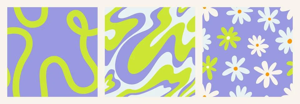 1970 Daisy seamless pattern pack with Naive groovy wave and squiggle. Retrowave Stock Illustration