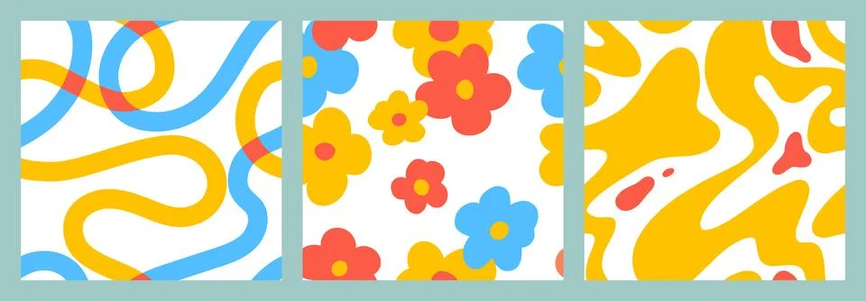 1970 Daisy seamless pattern pack with Naive groovy wave and squiggle. Retrowave Stock Illustration