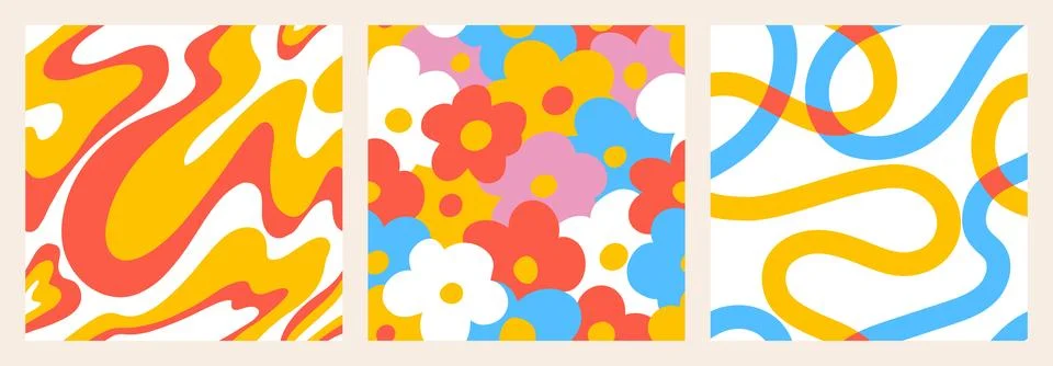1970 Daisy seamless pattern pack with Naive groovy wave and squiggle. Retrowave Illustrazione stock