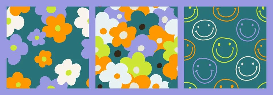 1970 Daisy seamless pattern pack with Naive groovy smiles. Retrowave with 90s Stock Illustration