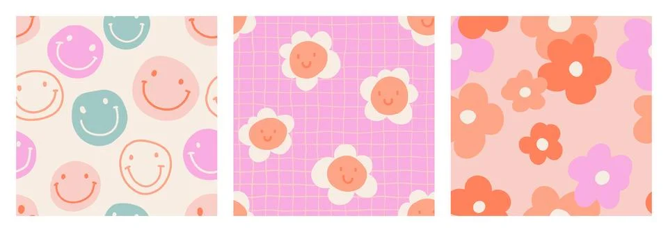 1970 Daisy seamless pattern pack with Naive groovy smiles and squiggle Stock Illustration
