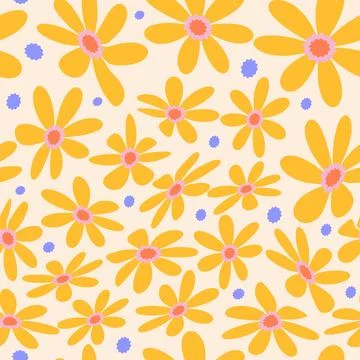 1970 Daisy Seamless Pattern in trendy Hippie Aesthetic. Flat Hand Drawn Vector Stock Illustration