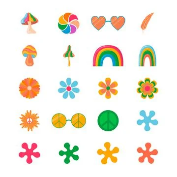 1970 hippie boho style elements vector isolated collection Stock Illustration