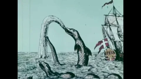 1970 - An illustration shows monsters attacking sailing vessels at sea. Stock Footage