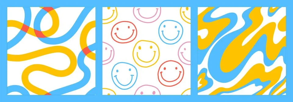 1970 Smiles seamless pattern pack with Naive groovy wave and squiggle. Retrowave Stock Illustration