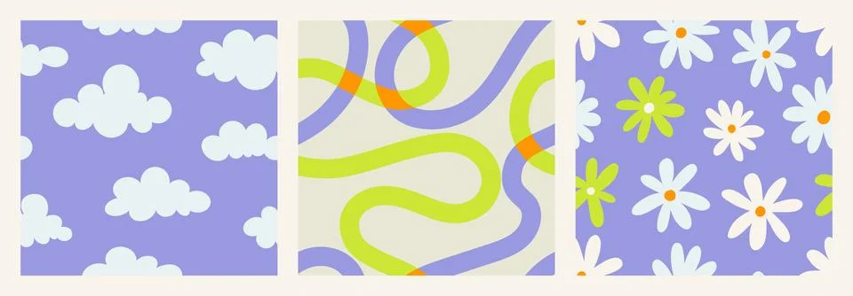 1970 squiggle seamless pattern pack with Naive groovy wave and Clouds. Retrowave Stock Illustration