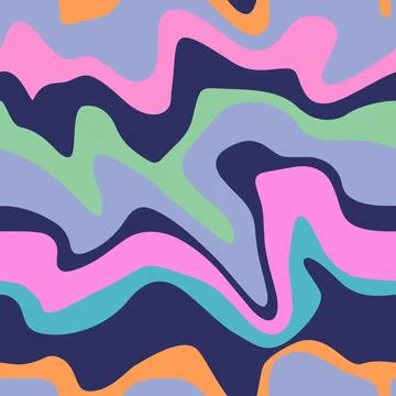 1970 Wavy Swirl Seamless Pattern in Dark Neon Colors. Hand-Drawn Vector Illus Illustrazione stock